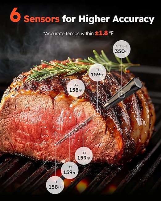 Smart Bluetooth Wireless Meat Thermometer, Standalone Base & APP Control, 6 Sensors with Certified Accuracy, Smart Alerts for Kitchen, BBQ, Grill, Smoker, Oven, Rotisserie, Air Fryer
