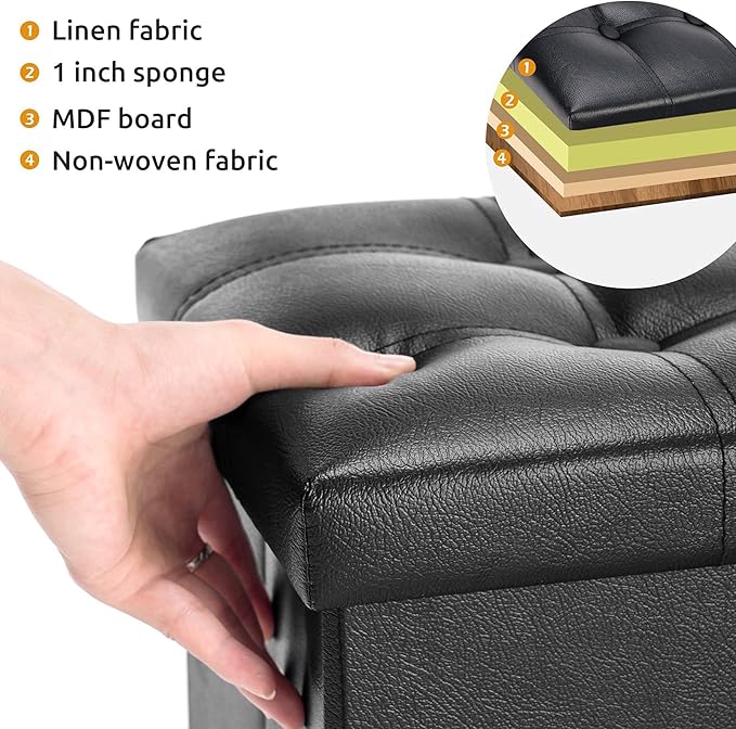 YOUDENOVA Small Ottoman, 36L Storage Space PU Faux Leather with Soft Padded Seat Footrest for Living Room Bedroom, Black