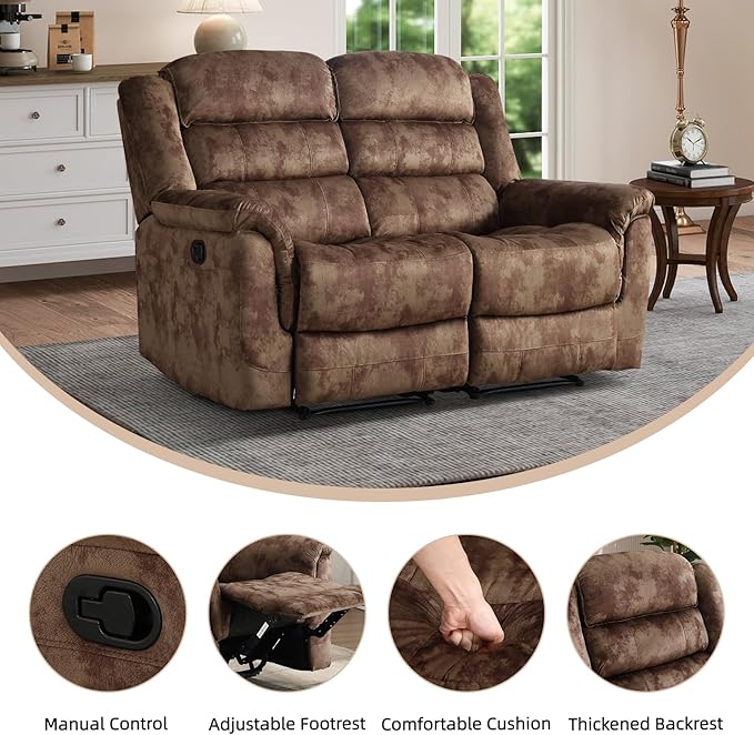 EBELLO Loveseat Recliner Sofa for Living Room, Extra Wide Modern Overstuffed 2 Seat Reclining Sofa Chair, Breathable Fabric Dual Manual Recliner, Brown