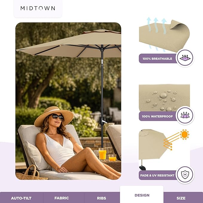 Midtown Umbrellas - The Lean 8 Ft Patio Umbrella with Fade-Resistant Sunbrella Fabric, Auto-Tilt Aluminum Frame and 8 Reinforced Ribs for Deck, Pool & Garden - Heather Tan Canopy, Black Pole