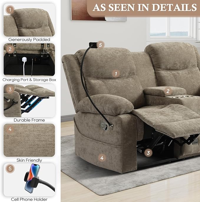 Manual Reclining Loveseat Sofa with Console, Chenille Upholstered Couch for RV, Living Room, Apartment or Office, Dual Recliners with Cup Holders, Phone Holder, Hidden Socket (Camel) | Cup Holder, Side pocket