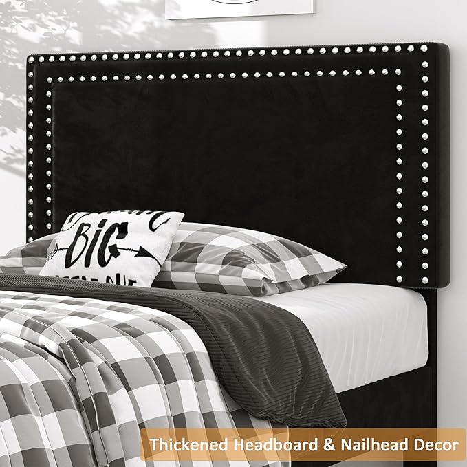 VECELO Twin Size Platform Bed Frame with Adjustable Upholstered Headboard, Nailhead Decor, Strong Wood Slat Support, No Box Spring Needed, Easy Assembly