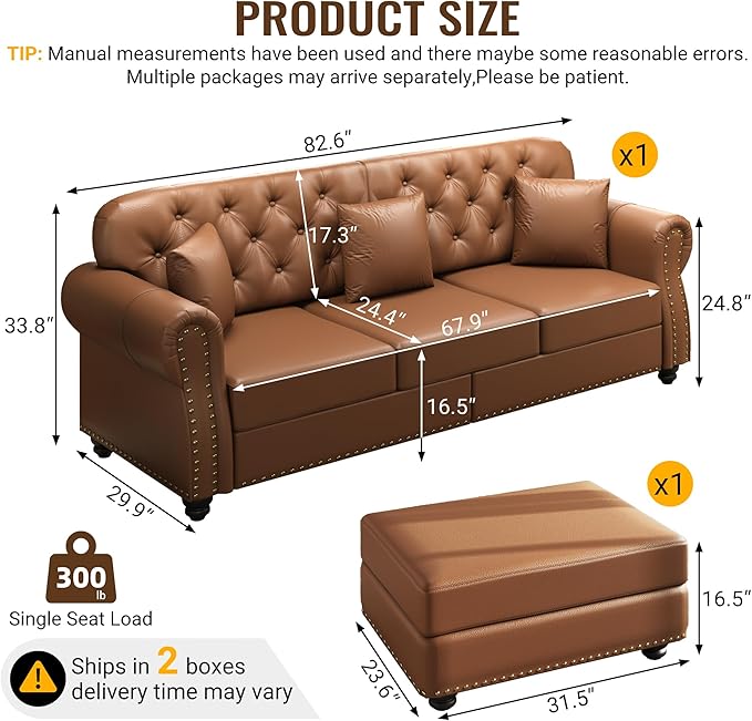 KEIKI 83" Faux Leather Chesterfield Sofa with Rolled Arms & Nailhead Trim & 1 Ottoman, 3-Seater Button Tufted Couch with High Resilience Cushion & 3 Pillow, Easy Assembly, for Living Room, Brown