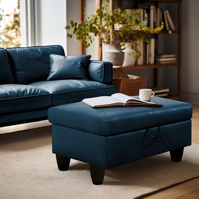 Ottoman Rectangular Storage Ottoman Bench, Faux Leather Footrest, Coffee Table, Stool Footstool with Hinged Lid for Living Room, Bedroom, Entryway, Navy Blue, 28.5"x19"x17.5"