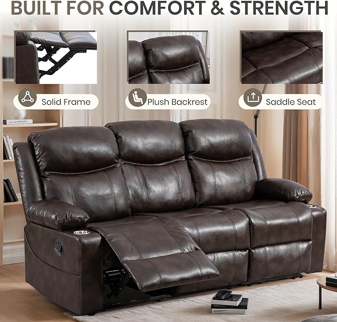Manual Reclining 3-Seater Sofa with Heat & Massage, PU Leather Recliner Couch for Living Room, Faux Leather Upholstery, Deep Cushions & Sturdy Frame (Brown)