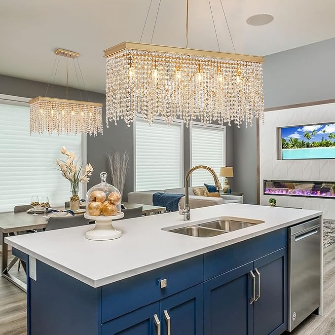 Q&S Gold Chandeliers Luxury Modern Crystal Chandelier Light Fixtures for Dining Room Kitchen Island Living Room L30 6-Lights UL Listed