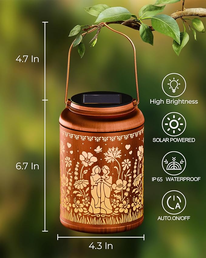 Solar Lanterns Outdoor Waterproof Decorative Garden Solar Lights Outdoor,Hanging Hollow Out Metal Ornaments Decor for Outside Lawn,Patio,Balcony,Yard Unique Gifts for Women Sisters by Heart Gifts