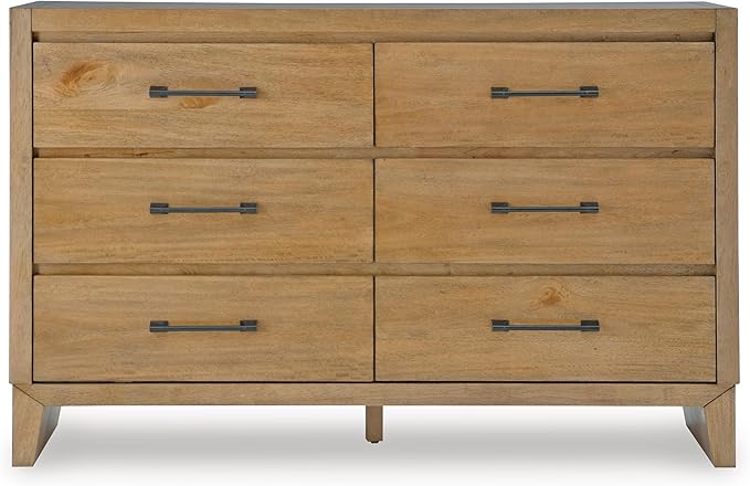Signature Design by Ashley Sherbana Casual 6-Drawer Dresser and Mirror with Safety Stop and Felt-Lined Top Drawer, Light Brown