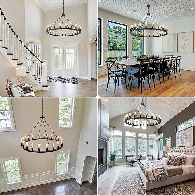 Wagon Wheel Chandelier 24-Light 48-Inch, Black Round Rustic Farmhouse Chandelier Extra Large for High Ceilings, Dining Room, Living Room