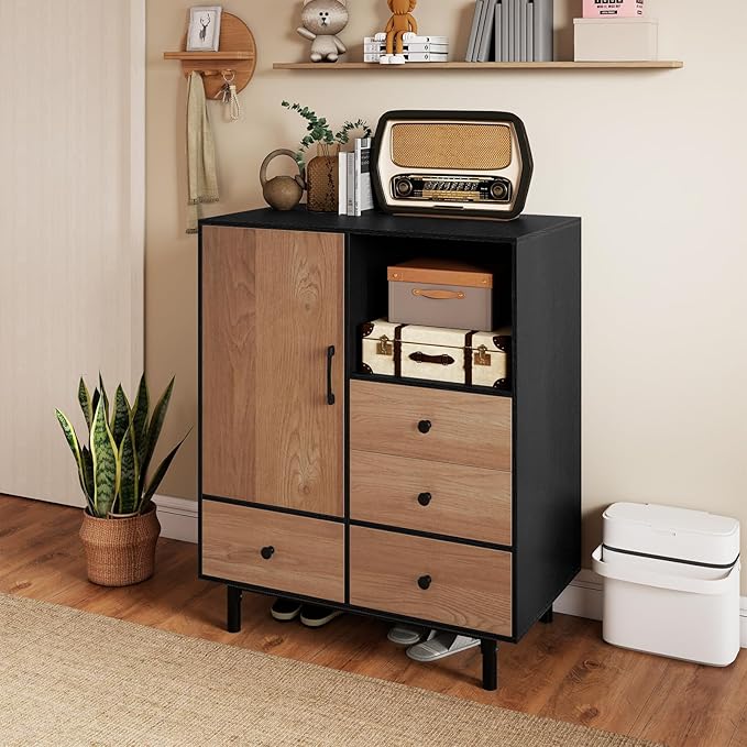 Giantex Storage Cabinet with 4 Drawers, Door and Open Compartment, 18" x 31.5" x 38.5" Inches, Metal Support Legs, Freestanding Side Cabinet, Buffet Sideboard for Living Room, Dining Room, Entryway