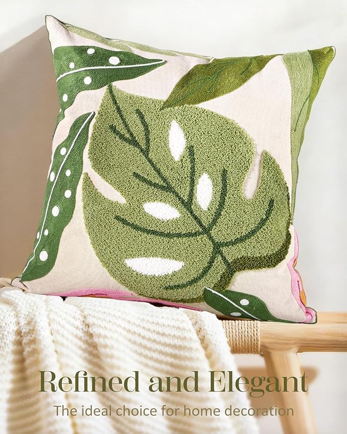 Embroidered Throw Pillow Cover - 18x18 Decorative Pillow Cover with Zipper Aesthetic Cute Design Boho Spring Summer Throw Pillowcase for Living Room Couch Sofa Bed, Monstera Leaves