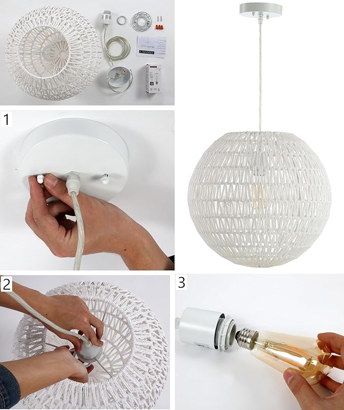 JONATHAN Y 16" Grey/Black Modern Bohemian Woven LED Pendant Light, Adjustable Hanging Ceiling Lamp for Kitchen Island Dining Room, Paper Wicker Shade, Bulb Included (JYL6503D)