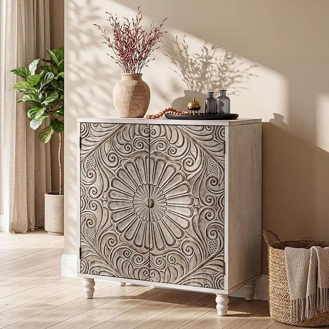 COSIEST 32" W Sideboard Buffet Cabinet with Storage, Accent Cabinet with 2 Push-to-Open Magnetic Doors, Vintage MDF Buffet Table for Living Room, Kitchen, Hallway (Gray,Flower Pattern)