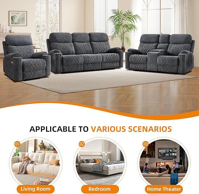 EBELLO Power Reclining Sofa Set, Fabric Electric Recliner Chair, Loveseat and 3 Seater Sofa Couch with Cup Holders, Charging Ports and Storage Space, 6 Seats for Small Living Room, Grey
