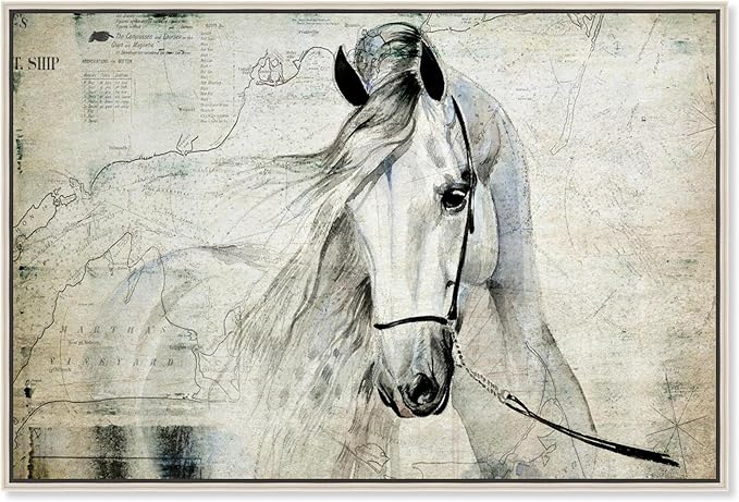 Country Farmhouse Canvas Print Painting Animal Wall Art 'Southern White Horse' Champagne Framed Canvas Rustic Home Décor 30x20 in Gray, Brown by Oliver Gal
