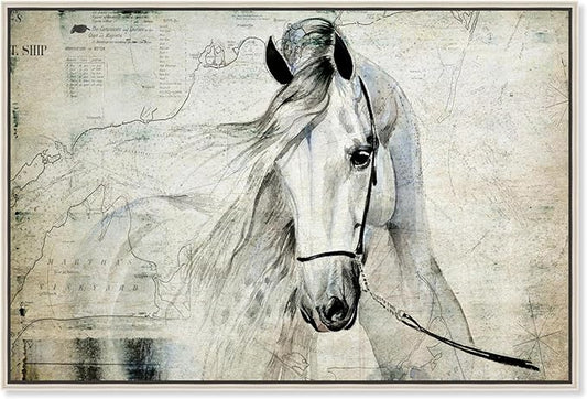 Country Farmhouse Canvas Print Painting Animal Wall Art 'Southern White Horse' Champagne Framed Canvas Rustic Home Décor 24x16 in Gray, Brown by Oliver Gal