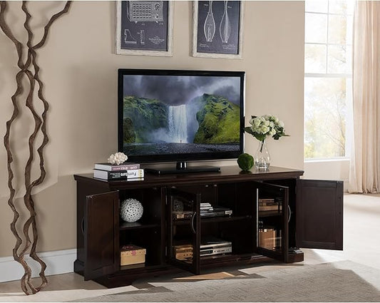 Leick Home 81360 Iverson Three Door TV Stand for 65 Inch TVs, 60 Inch, Chocolate Cherry Brown, Hardwood with Bronze Glass, Adjustable Shelves, Wood Entertainment Console