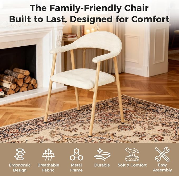 DUMOS Dining Chairs Set of 2, Modern Linen Fabric Upholstered Kitchen Side Chairs with Curved Backrest, Accent Farmhouse Metal Chairs for Kitchen Dining Room Restaurant Cafe, Beige