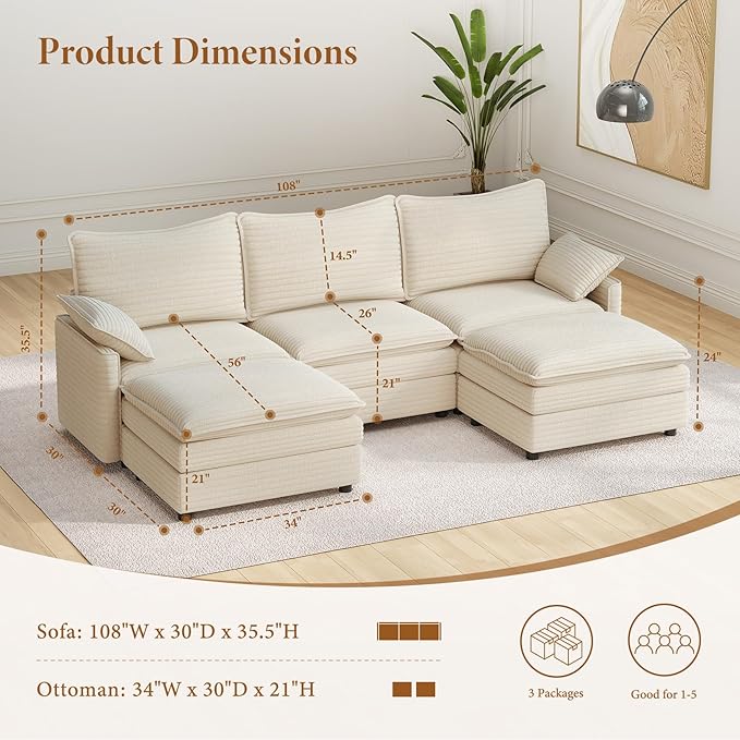 Vesgantti 108" U Shaped Sectional Couch, Comfy Cloud Modular Sectional Sofa with 2 Ottoman Deep Seat Corduroy Modern Cloud Sofa, Modular Sofas for Living Room, Bedroom and Apartment, Beige | Sink-in Comfort, Height Adjustable, Easy Rearrangement, Extra...