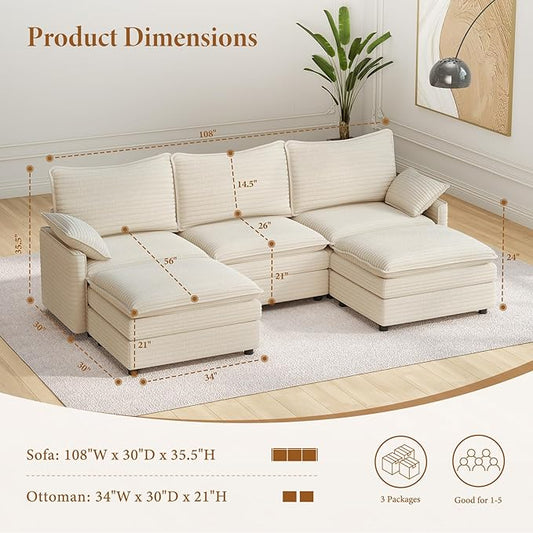 Vesgantti 108" U Shaped Sectional Couch, Comfy Cloud Modular Sectional Sofa with 2 Ottoman Deep Seat Corduroy Modern Cloud Sofa, Modular Sofas for Living Room, Bedroom and Apartment, Beige | Sink-in Comfort, Height Adjustable, Easy Rearrangement, Extra...