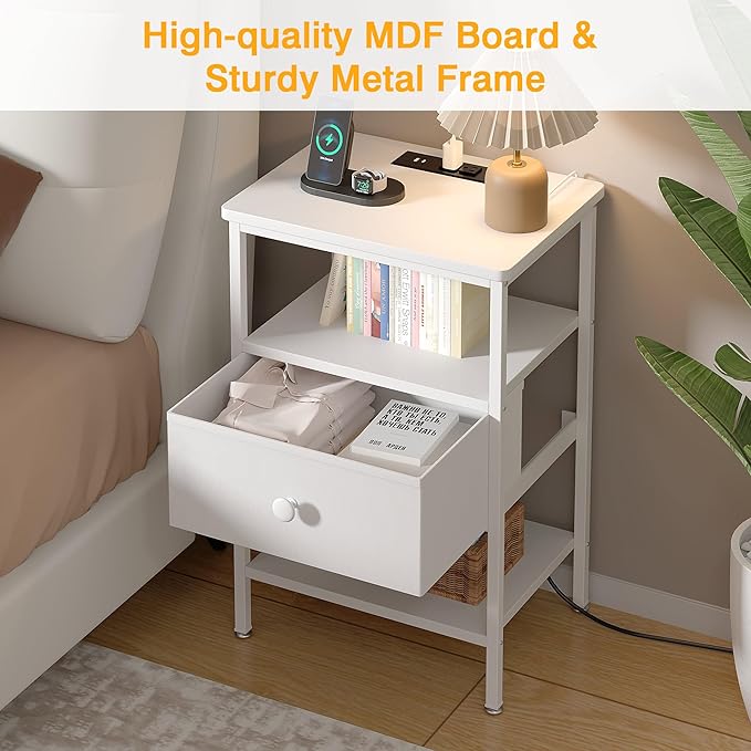 VECELO Bedside Tables with Charging Station,Nightstand with Storage Shelf&Fabric Drawer,End Tables for Bedroom,Living Room,Small Spaces,White