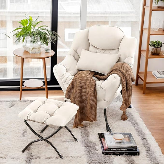 Lazy Chair with Ottoman, Comfy Fabric Accent Lounge Arm Chair with Lumbar Pillow and Folding Footrest, Reading Leisure Sofa Chair for Bedroom, Living Room, Dorm,Beige