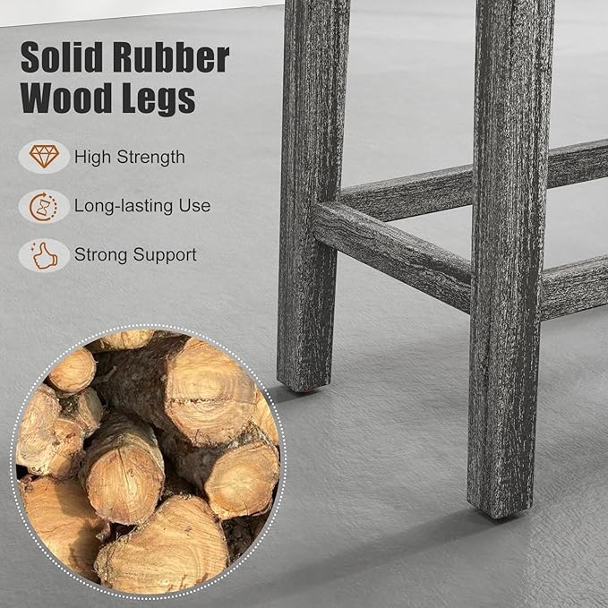 ERGOMASTER 24” Backless Bar Stools, Solid Rubber Wood, Button-tufting Seat, Dark Grey/Dark Wood, Set of 4