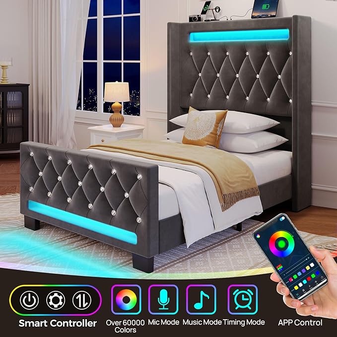 Rolanstar Twin Bed Frame with LED Light and Charging Station, Upholstered High Headboard and Footboard, Wood Slats, Noise Free, Easy Assembly, Grey