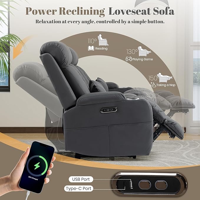 Zero Wall Hugger Power Reclining Loveseat with Adjustable Headrest, Power Loveseat Recliner Sofa with USB&Type-C Ports, Wall Hugger Reclining Loveseat for Living Room (Gray, 2 Seater)