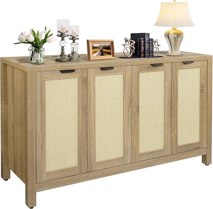Rattan Sideboard Buffet Credenza Cabinet - Large Farmhouse Kitchen Coffee Bar Cabinet with 4 Rattan Door Storage for Entryway Living Room, 55" x 15" x 31.5" (Natural)
