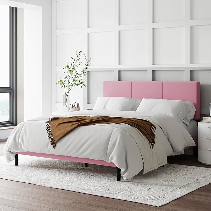 Queen Size Bed Frame with Upholstered Headboard, Sturdy Wood Slats, No Box Spring Required, Silent, Easy Assembly, Pink