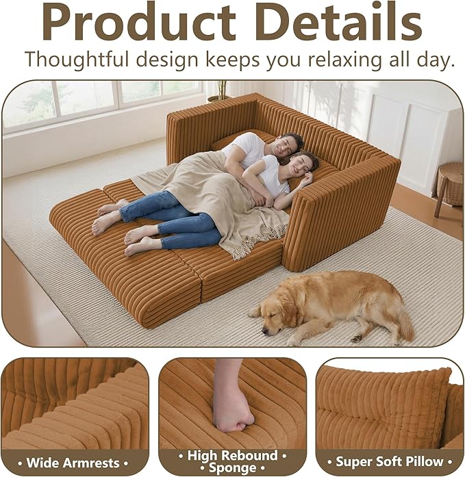 HABUTWAY Folding Sofa Bed, 2 in 1 Convertible Sleeper Chair with Pillow, Portable Fold Out Chair Bed with Armrest, Comfy Floor Couch, Lazy Sofa for Living Room Bedroom Dorm Home Office, Orange