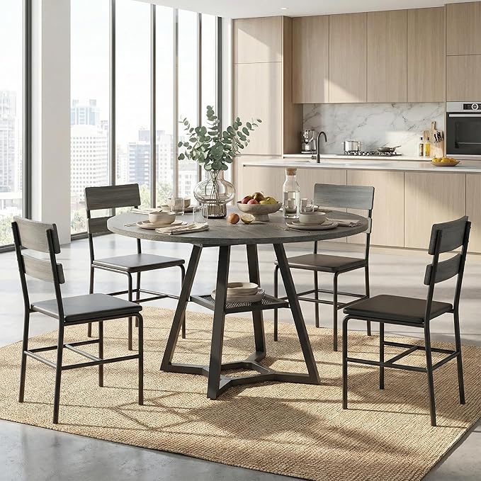 Round Dining Table for 4-6 with Storage Shelf, Kitchen & Dining Room Circle Pedestal Table, Heavy Duty Metal Frame & Wood Top
