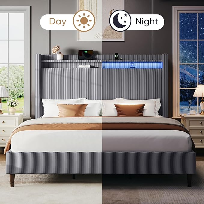 King Bed Frame with 55.3" Tall Headboard, Corduroy Upholstered Platform Bed with LED Lights & Charging Station, Wingback Storage Headboard, Solid Wood Slats,Noise Free,No Box Spring Needed,Dark Grey