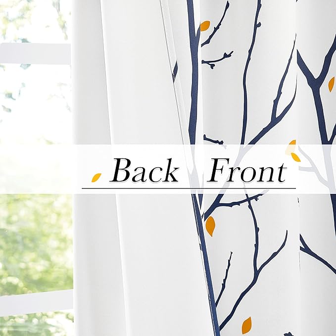 NICETOWN Navy Blue Branch White Curtains for Half Windows 63" L, Grommet Top Thermal Insulated Room Darkening Tree Curtains with Elegant Petal Rain for Bedroom/Living Room, 2 Panels=104" W