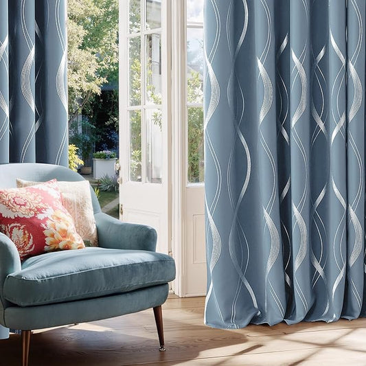 NICETOWN Vintage Blue Foil Printed Curtain for Extra Wide Window, W66 x L84 inch, Wave Line Design Modern Style Drapes Privacy Protection for Room Divider, 2 Panels