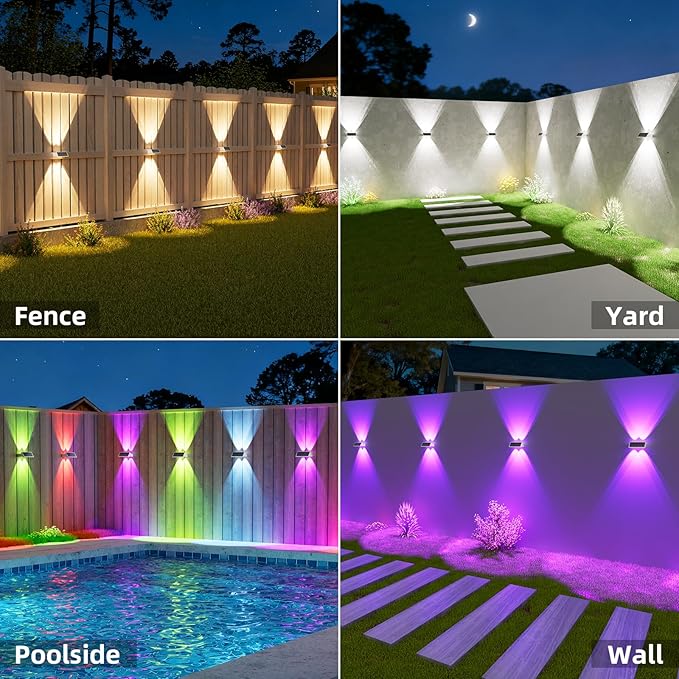 NIORSUN Solar Fence Lights Outdoor, 12 Pack Up and Down Waterproof Solar Wall Lights, Fence Lights with Lens, Warm & Cool White + RGB, Dusk to Dawn Lighting for Patio, Backyard, Pool, Railing (White)
