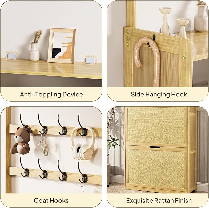 Shoe Cabinet with 2 Rattan Flip Drawers，Bamboo Shoe Storage Cabinet with Coat Hooks, Freestanding Shoe Cabinet Storage for Entryway,Hallway, Closet, Living Room,Natural