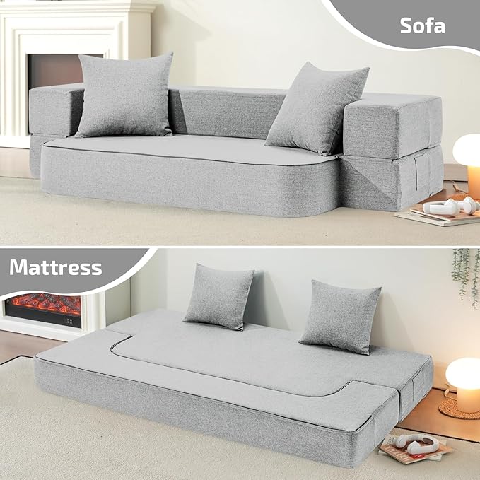 SUYOLS 2-in-1 Folding Sofa Bed with Pillows - Folding Chair Floor Couch & Sleeping Mattress - Washable Cover & Memory Foam Sleeper Chair for Living Room/Guest Room/Apartment/Loft, Light Gray, Twin