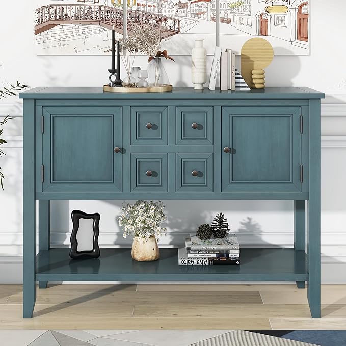 Merax Wood Farmhouse Buffet Table with Storage Shelf, 2 Drawers and Cabinets Buffet Coffee Bar Cabinet for Living Room Dinning Room Kitchen (Dark Blue)