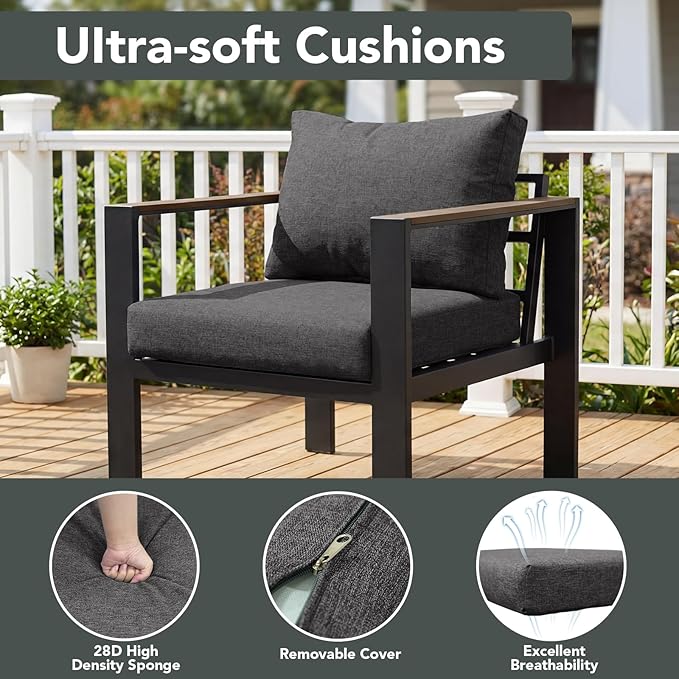 Outdoor Patio Furniture Set 4 Seats Luxury Aluminum Patio Conversation Set with Coffee Table, Washable Thick Cushions, Large Sectional Sofa for Porch, Balcony, Deck, Yard, Dark Gray