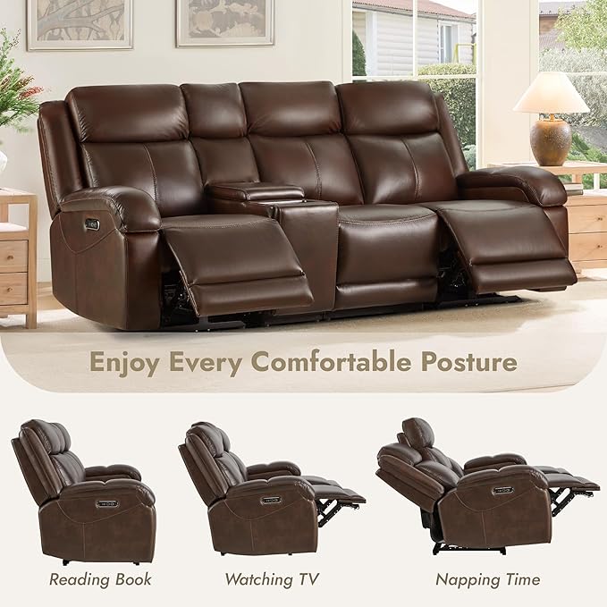Watson & Whitely Genuine Leather Power Recliner Sofa, 3 Seater Wall Hugger Reclining Sofas with Storage Console, Power Headrest, USB, Electric Recliner Couch Set for Living Room, Dark Brown