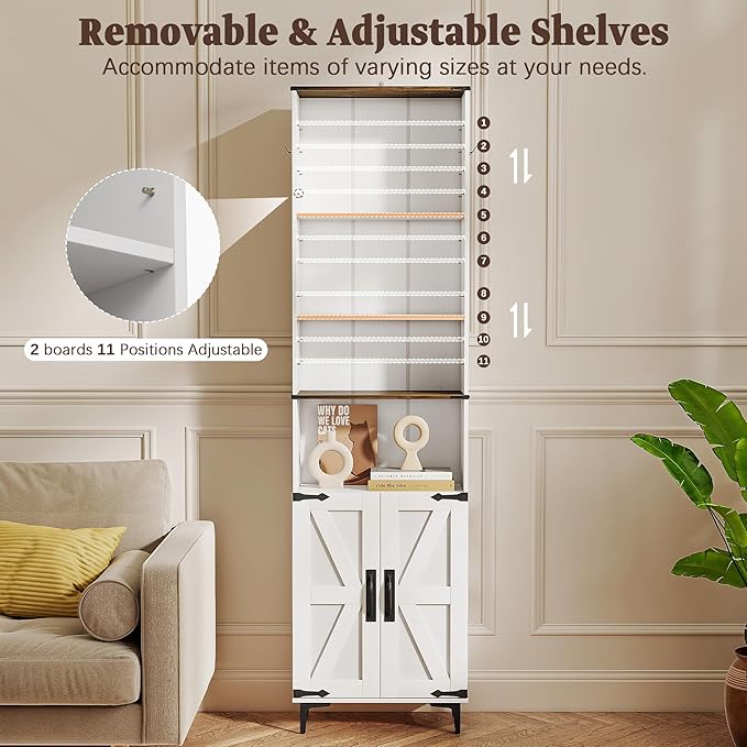 6 Tier Bookshelf with Doors and Adjustable Shelf, 72in Tall Bookcase with Storage Cabinet, White Farmhouse Bookshelves Wood for Living Room, Bedroom, Home Office