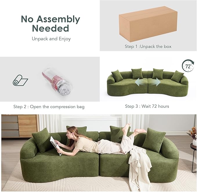 110" Oversized Cloud Sectional Sofa Modern Curved Boneless Couches for Living Room, 4-Seater Extra Deep Seat Foam Floor Compressed Couch w/Tight Backrest and 4 Pillows,Chenille Sofa & Couches | Breathable material, Non-slip, No Assembly Required