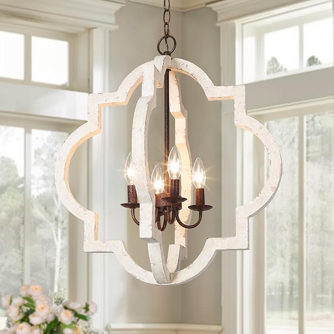 KSANA Farmhouse Orb Chandelier, Handmade Wood Distressed White French Country Hanging Light Fixture for Dining & Living Room, Foyer, Bedroom, Kitchen Island, and Entryway