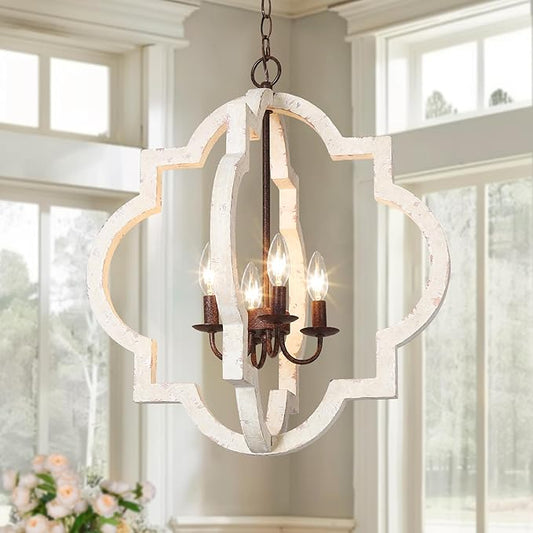 KSANA Farmhouse Orb Chandelier, Handmade Wood Distressed White French Country Hanging Light Fixture for Dining & Living Room, Foyer, Bedroom, Kitchen Island, and Entryway