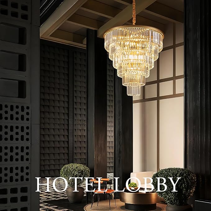 21-Light Gold Crystal Chandelier 29.92" Modern Crystal Pendant Ceiling Light Fixture 7-Tier Luxury K9 Crystal Chandeliers,for Living Room Hotel Lobby Restaurant Foyer High Ceiling