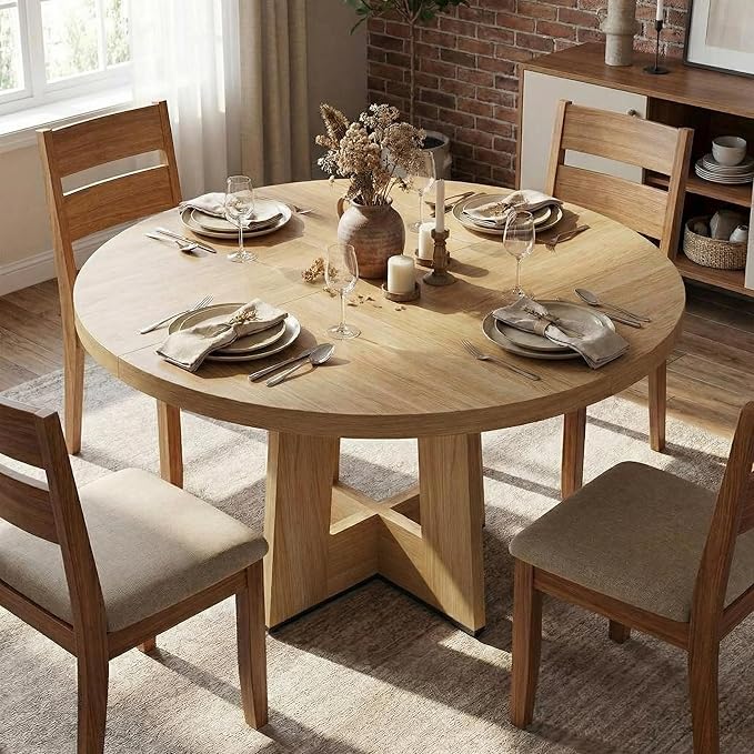 IDEALHOUSE 47" Round Dining Table, Kitchen Table for 4-6 People, Circle Tables with Sturdy Pedestal Base, Space Saving Dinning Room Furniture for Living Room, Kitchen, Apartment, Natural