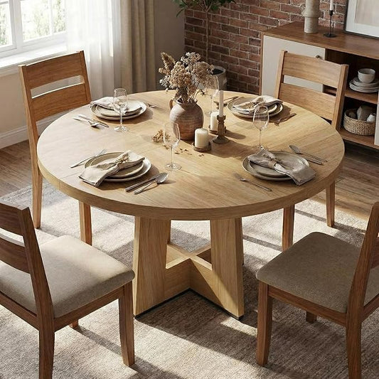 IDEALHOUSE 47" Round Dining Table, Kitchen Table for 4-6 People, Circle Tables with Sturdy Pedestal Base, Space Saving Dinning Room Furniture for Living Room, Kitchen, Apartment, Natural