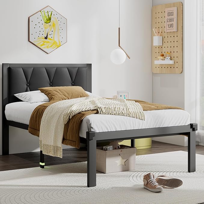 Twin Size Metal Bed Frame, Platform Bed with Faux Leather Button Tufted Headboard, 12" Underbed Storage, Steel Slats Support, No Box Spring Needed, Easy Assembly, Noise-Free, Black
